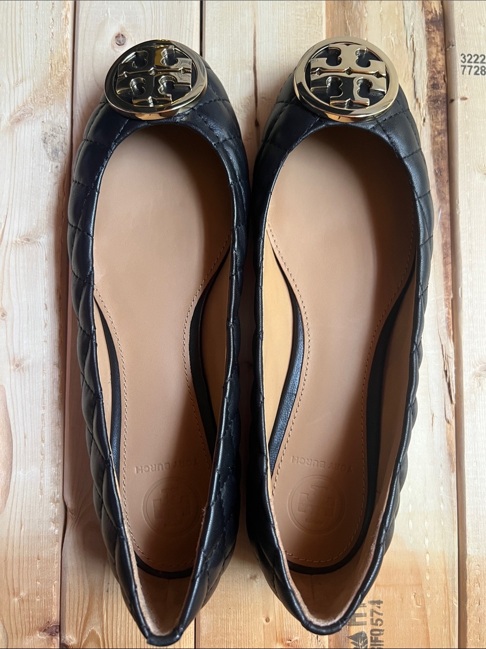Tory Burch Black Quilted Leather Logo Ballet Flats with Gold Medallion